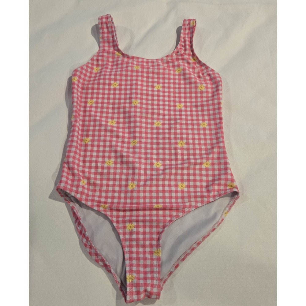 BMagical Girl's Swimsuit Gingham Pink White Plaid w/ Yellow Flowers Size 16